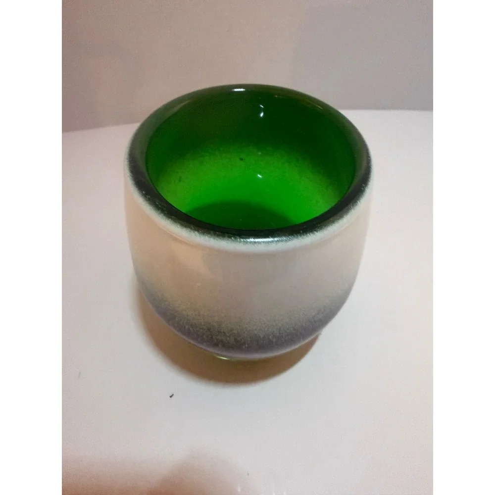 Hand Blown Art Glass Votive Candle Holder Green White Ombre Frosted Cased Glass